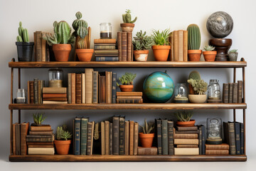 Shelf with old books and flower pots. Generative AI.