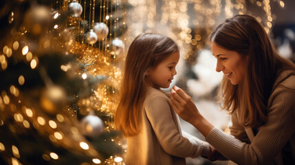 Obraz na płótnie Canvas little girl with her mom decorating a Christmas tree