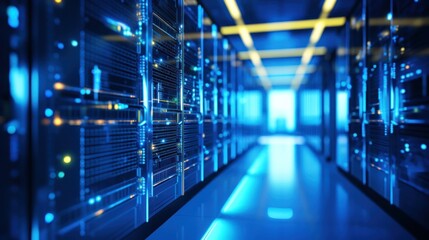 Obraz premium Server Room with Blue Neon Lights and Network Servers