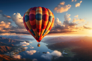 Fototapeta premium Multicolored hot air balloon, flying over the cloudy sky. Generative AI.