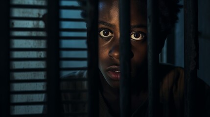 Young black boy confined behind bars with dirty scratched face gazes with hope, evoking heart wrenching concept of child kidnapping, safeguarding children from abduction and harm - obrazy, fototapety, plakaty