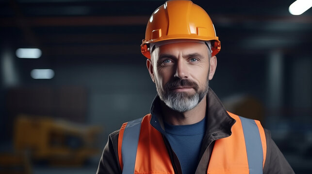Professional male constructor worker in uniform and hard hat