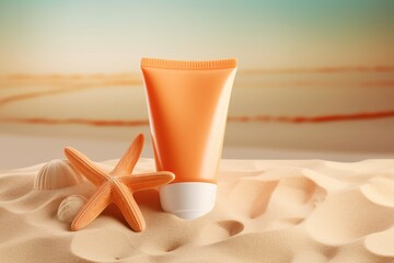 Sunblock in orange cosmetic tubes on beach sand mockup. Summer composition with hat, blue sea and sky as background - obrazy, fototapety, plakaty
