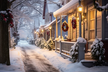 snow covered street in winter, street in the city of winter, winter in the city, street in winter,...