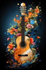 Classical guitar with flying notes and floral motifs. Generative AI.