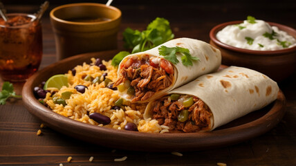 a plate of delicious Shawarma with meat and vegetables on a wooden table.