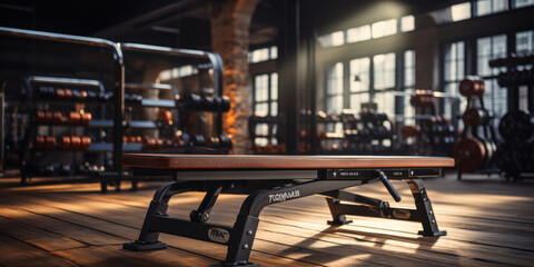 Gym workbench in the foreground and isolated from the background. Generative AI. - obrazy, fototapety, plakaty
