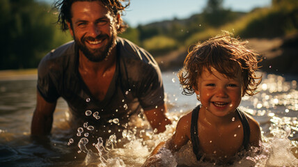 Obraz premium happy father and son playing with sea water on the beach