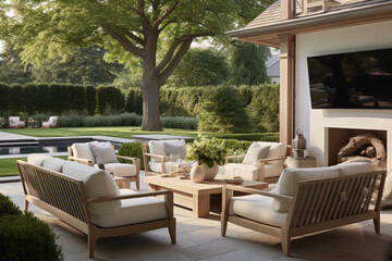 Fototapeta premium Modern Patio With Sofa, Armchairs, Coffee Table And Garden View Background, patio with chairs, seating area in lawn with home interiors