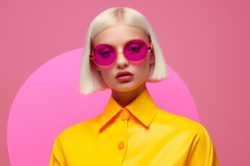 blond model wearing yellow, editorial fashion shoot on pink studio background with circle - obrazy, fototapety, plakaty