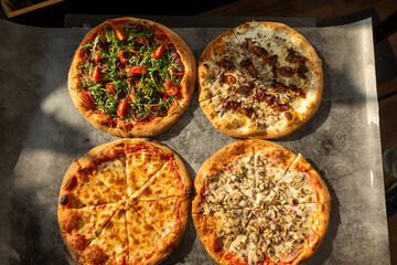 Various types of  delicious pizza, top view