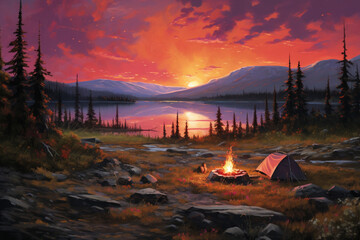 sunset on the lake, sunset in the mountains, sunset in the forest, fire in the forest, Bonfire in the forest at morning twilight, Campfire in the forest at forest, Camping concept