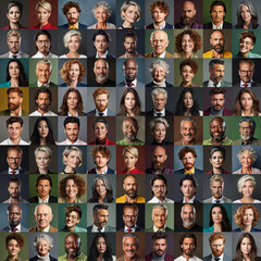 Collage of adult people of many ages in front of dark backgrounds - obrazy, fototapety, plakaty