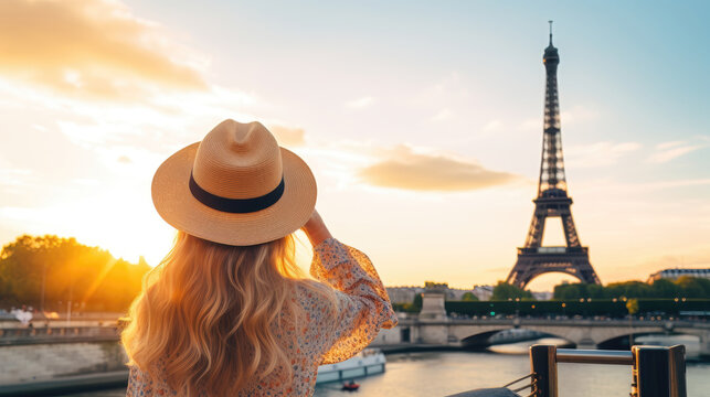 Traveling woman photographing Eiffel Tower on summer evening