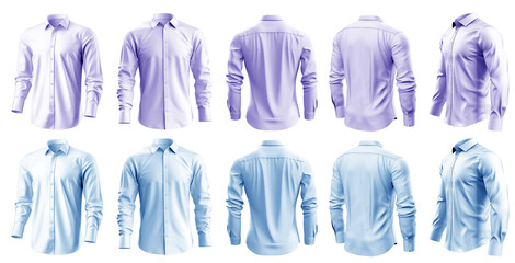 2 Set of pastel light blue purple violet button up long sleeve collar shirt front, back and side view on transparent background cutout, PNG file. Mockup template for artwork graphic design	
