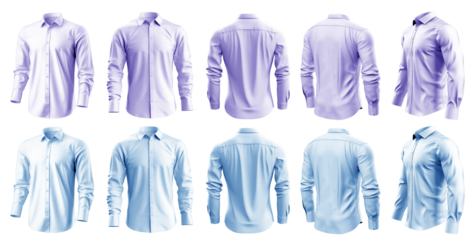2 Set of pastel light blue purple violet button up long sleeve collar shirt front, back and side view on transparent background cutout, PNG file. Mockup template for artwork graphic design	
