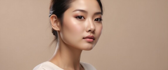 Young Asian woman with clean healthy glowing skin in white top isolated on beige background. Facial skin care concept, spa, cosmetology