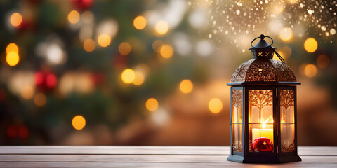 Lantern and Christmas Tree Illuminating a Table with Decorations and String Lights, Creating a Magical Bokeh and Glittering Effect on the Background