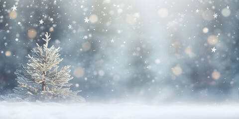 A Winter Landscape Featuring a Snow Covered Fir Tree with a Forest in the Background, Adorned by Abstract Defocused Snowflakes