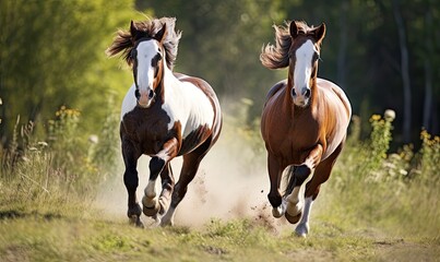 Brown and white horses running in a field