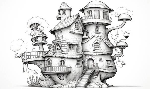 A drawing of a tree house with stairs