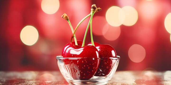 cherries in a glass, Cherry banner Cherry juicy background Closeup photo of berries Background, Close up of two cherries with water droplets on them, Generative AI