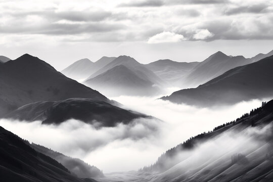 Stunning Black and White Landscape Painting of Mountains in Fog