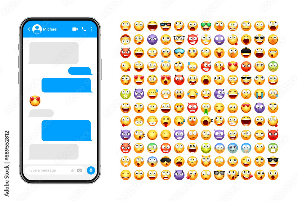 Fototapete smartphone messaging app, user interface design with emoji. sms text frame. chat screen with blue me