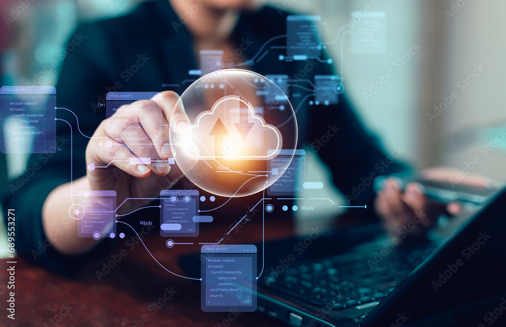 Poster business people touching on cloud computing diagram. cloud technology. data storage. networking and 