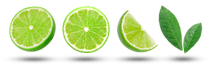 Flying lime slices and leaves collection isolated on white background.