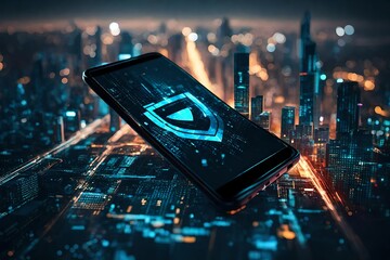 A digital shield on a smartphone screen against the vibrant city night, illustrating the protection against cyber threats in the digital realm. - obrazy, fototapety, plakaty