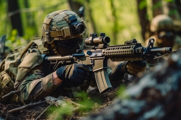 Soldier aiming rifle in forest. Concept of stealth and precision.