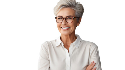 Portrait of a smiling, well-groomed elderly woman with gray hair and glasses in a linen shirt,...