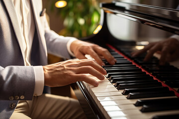 Obraz premium Close-up of male hands playing the piano. Focus on hands