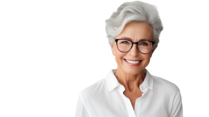 Portrait of a smiling, well-groomed elderly woman with gray hair and glasses in a linen shirt, isolated on transparent background