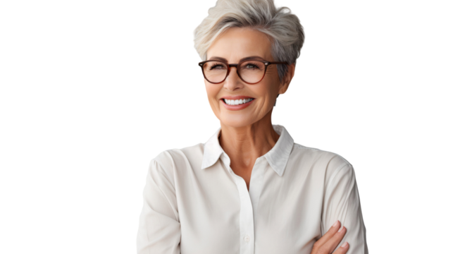 Portrait of a smiling, well-groomed elderly woman with gray hair and glasses in a linen shirt, isolated on transparent background