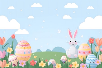 easter card, easter bunny with eggs, easter eggs and flowers, easter eggs in a basket, easter eggs and flowers on a white background, easter wall paper and background for social media