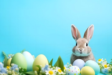 Obraz premium easter card, easter bunny with eggs, easter eggs and flowers, easter eggs in a basket, easter eggs and flowers on a white background, easter wall paper and background for social media