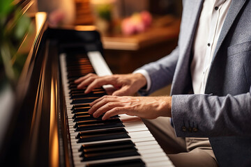 Obraz premium Close-up of male hands playing the piano. Focus on hands