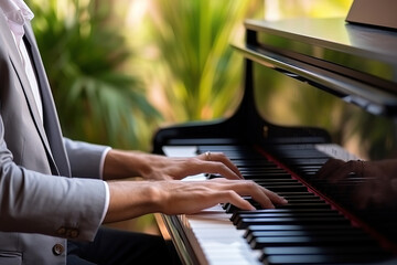 Close-up of male hands playing the piano. Focus on hands