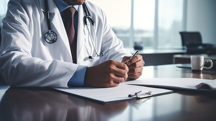 Close-up of male doctor filling up medical form while sitting at his working place. Healthcare and medical concept