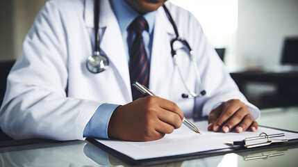 Close-up of male doctor filling up medical form while sitting at his working place. Healthcare and medical concept - obrazy, fototapety, plakaty