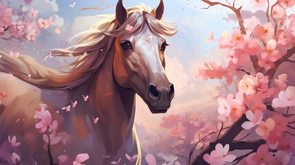 nchanting equine elegance: whimsical horse art in a blossoming floral ambiance