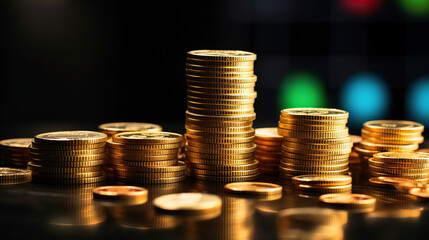 Investment concept, Coins stack on dark background, business growth graph