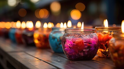 Candles in the form of flowers on a wooden table in the evening