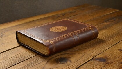 Timeless Wisdom: Vintage Leather Book Resting on a Wooden Table