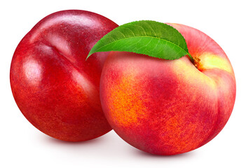 Fresh organic peach with leaves isolated clipping path