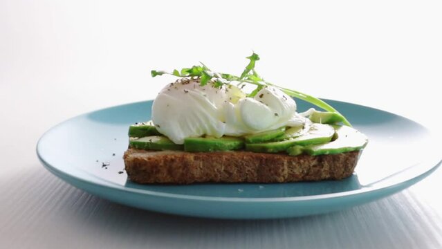 Poached egg with creamy yolk with hot grilled toast and fresh avocado,Healthy breakfast