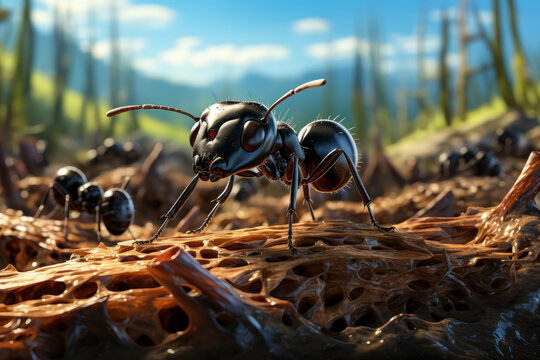 Macro photography of ants searching for food. Generative AI.