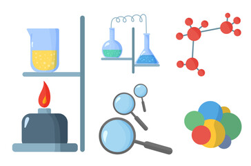 Equipment for chemical laboratory. Set of lab tools. Chemistry glass. Laboratory glassware with test tube beaker flask pipette erlenmeyer flask, science instrument. Chemistry attributes vector icons.